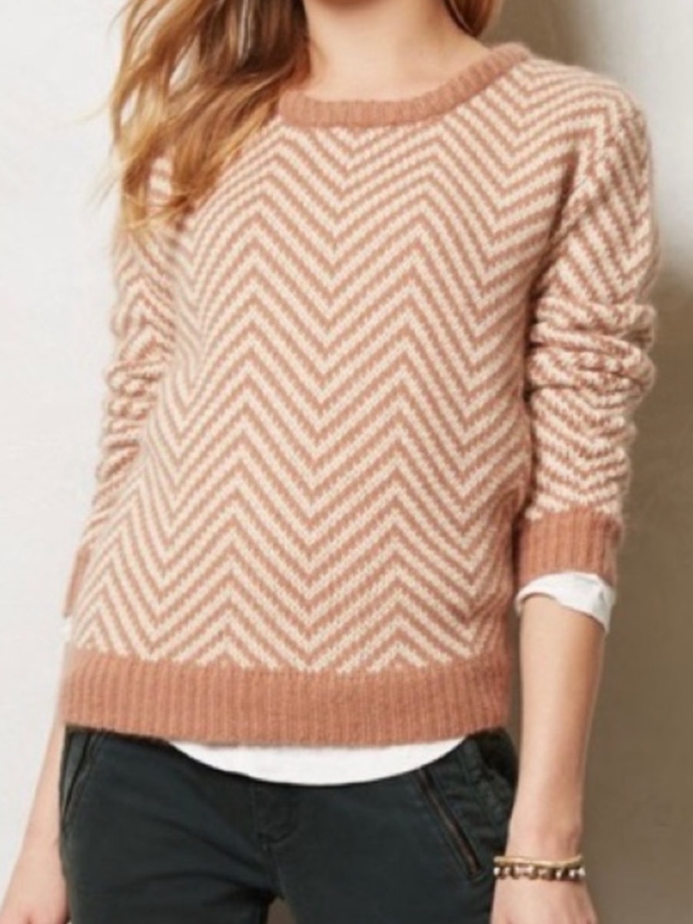 Ganni Anthropologie Tan Chevron Crewneck Wool Sweater Size S
